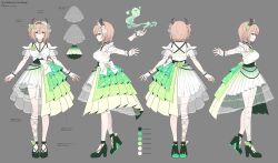 1girl animal_ears breasts brown_hair color_guide detached_sleeves dress frilled_wrist_cuffs frills gradient_clothes gradient_dress green_dress green_eyes green_shoes grey_background hat high_heels highres indie_virtual_youtuber kneehighs large_breasts layered_skirt meotashi multiple_views naplings_(nimi_nightmare) nimi_nightmare nurse_cap official_alternate_costume official_art one_side_up outstretched_arm overskirt pleated_skirt puffy_detached_sleeves puffy_sleeves reference_sheet see-through_clothes see-through_skirt shoes simple_background single_kneehigh single_sock skirt socks standing strappy_heels tapir_ears tapir_girl turnaround two-tone_dress virtual_youtuber white_dress wrist_cuffs