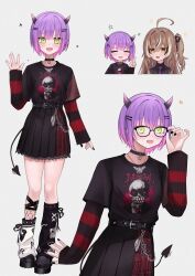 2girls \||/ adjusting_eyewear belt black_belt black_choker black_nails black_shirt black_skirt brown_hair choker commentary demon_tail english_commentary glasses hand_up heart heart_choker highres hololive hololive_english horns long_sleeves multiple_girls multiple_views nail_polish nanashi_mumei pleated_skirt purple_hair salute shirt short_hair simple_background skirt sweater_under_shirt t-shirt tail tokoyami_towa unmeidesu v virtual_youtuber white_background