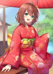 Rule 34 | 1girl, ahoge, brown hair, commentary request, day, floral print, floral print kimono, flower, green eyes, hair flower, hair ornament, highres, japanese clothes, kimono, long sleeves, looking at viewer, obi, obijime, open mouth, original, outdoors, pinching sleeves, print kimono, red kimono, red umbrella, ruhika, sash, sitting, solo, umbrella, wide sleeves, yellow sash