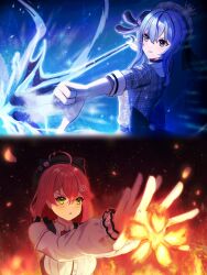 2girls absurdres ahoge arrow_(projectile) battle beret blue_eyes blue_hair bow casting_spell choker clothing_cutout collared_shirt crown fire frilled_sleeves frills green_eyes hair_ornament hat highres hololive hoshimachi_suisei hoshimachi_suisei_(1st_costume) jacket long_sleeves luunar0308 magic multiple_girls pink_hair plaid_clothes plaid_jacket sakura_miko sakura_miko_(casual) shirt shoulder_cutout three-quarter_sleeves star_(symbol) star_in_eye symbol_in_eye virtual_youtuber white_shirt