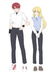 2boys alternate_costume androgynous black_pants blonde_hair blue_eyes blue_necktie blue_sweater_vest blush closed_mouth collared_shirt contemporary fire_emblem fire_emblem:_the_blazing_blade full_body hand_on_own_hip height_difference highres loafers long_hair long_sleeves lucius_(fire_emblem) male_focus multiple_boys necktie nintendo own_hands_together pants parted_bangs raven_(fire_emblem) red_eyes red_hair school_uniform shirt shirt_tucked_in shoes short_hair simple_background sleeves_rolled_up smile sneakers socks standing sweater_vest white_background white_shirt white_socks wristband yurari_forever