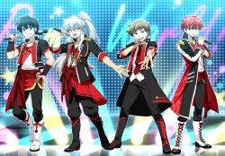 Rule 34 | 4boys, alternate costume, alternate hairstyle, animal ears, black footwear, black hair, black jacket, black pants, blouse, blue eyes, boots, braid, braided ponytail, brown hair, chinese clothes, contemporary, creator connection, dog ears, dress shirt, from behind, grin, hand on own hip, hatorion, highres, holding, idol, inuyasha, inuyasha (character), jacket, kyoukai no rinne, lace-up boots, long hair, long sleeves, looking at viewer, male focus, microphone, moroboshi ataru, multiple boys, music, necktie, open clothes, open jacket, open mouth, pants, ponytail, ranma 1/2, red hair, red necktie, red sash, rokudou rinne, saotome ranma, sash, shirt, short hair, short sleeves, silver hair, singing, single braid, sleeves rolled up, smile, standing, urusei yatsura, white footwear, white shirt, yellow eyes