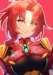 Rule 34 | 1girl, acrylicstroke, ahoge, artist name, breasts, commission, commissioner upload, core crystal (xenoblade), cosplay, grin, honkai (series), honkai impact 3rd, impossible clothes, large breasts, lips, looking at viewer, murata himeko, non-web source, outline, pink background, power connection, pyra (xenoblade), pyra (xenoblade) (cosplay), red hair, short sleeves, signature, simple background, smile, solo, teeth, upper body, watermark, weapon connection, white outline, xenoblade chronicles (series), xenoblade chronicles 2, yellow eyes