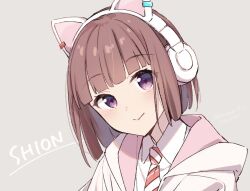 1girl animal_ear_headphones animal_ears blunt_bangs blunt_ends blush bob_cut brown_hair cat_ear_headphones character_name closed_mouth collared_shirt diagonal-striped_clothes diagonal-striped_necktie dress_shirt fake_animal_ears grey_background hazuki_(sutasuta) headphones hood hooded_jacket ikizulive!_love_live!_bluebird jacket looking_at_viewer love_live! necktie open_clothes open_jacket orange_necktie portrait purple_eyes sasaki_shion shirt simple_background smile solo split_mouth striped_clothes white_headphones white_jacket white_shirt