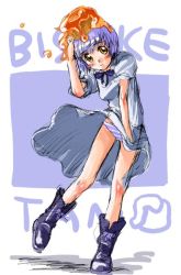 1girl bisuke-tan blue_panties blush boots bow bowtie dress female_focus kfc object_on_head panties solo standing striped_clothes striped_panties underwear white_dress