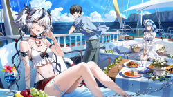 1boy 2girls bare_legs bare_shoulders black_choker black_flower black_hair blake_bloom_(wuthering_waves) blue_hair blue_jacket blue_shirt blue_veil breasts camellya_(wuthering_waves) choker cleavage closed_mouth collarbone commentary_request cup dress drinking_glass earrings flower food gold_earrings grey_eyes grey_pants hair_between_eyes hair_flower hair_ornament hair_vines hand_up highres holding holding_cup jacket jewelry kuga_huna large_breasts legs long_hair looking_at_viewer male_rover_(wuthering_waves) medium_breasts multiple_girls navel official_art pants red_pupils red_skirt rover_(wuthering_waves) shirt shorekeeper_(wuthering_waves) short_hair sitting skirt smile stomach tacet_mark_(wuthering_waves) two-tone_veil veil white_dress white_hair white_veil wuthering_waves yellow_eyes