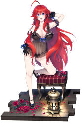 Rule 34 | 1girl, ahoge, arm garter, babydoll, bare shoulders, black babydoll, black footwear, black gloves, black panties, blue bow, blue eyes, blush, bow, breasts, cleavage, flower, gloves, high school dxd, highres, large breasts, lingerie, long hair, looking at viewer, miyama-zero, navel, open mouth, panties, red flower, red hair, red rose, rias gremory, rose, see-through clothes, simple background, smile, solo, underwear, white background