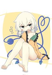 1girl :3 :d barefoot blush_stickers border bottomless collar collarbone frilled_shirt_collar frilled_sleeves frills green_collar green_eyes green_hair half-closed_eyes hand_to_own_mouth heart heart_of_string highres knees_together_feet_apart koishi_day komeiji_koishi no_headwear notice_lines ojou-sama_pose open_mouth outline partially_undressed ro_74 shirt smile smug third_eye touhou unbuttoned white_border white_outline wide_sleeves yellow_background yellow_shirt