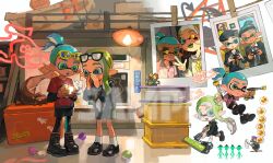 1boy 1girl black-framed_eyewear black_boots black_leggings black_shoes black_shorts blue_eyes blue_hair blue_sailor_collar blue_shirt blue_tongue boots chibi chibi_inset colored_tongue commentary douser_dualies_ff_(splatoon) dual_wielding dynamo_roller_(splatoon) eyewear_on_head golden_egg_(splatoon) green_eyes green_hair highres holding holding_weapon inkling inkling_boy inkling_girl inkling_player_character lace-up_boots layered_sleeves leggings leggings_under_shorts loafers long_hair long_sleeves miko_(15476997) multiple_views neckerchief nintendo open_mouth photo_(object) pointy_ears red_shirt sailor_collar sailor_shirt salmon_run_(splatoon) salmonid sample_watermark shirt shoes short_hair short_over_long_sleeves short_sleeves shorts smallfry_(splatoon) snatcher_(splatoon) socks splatoon_(series) splatoon_3 sunglasses symbol-only_commentary tentacle_hair topknot watermark weapon white_socks yellow-framed_eyewear yellow_neckerchief