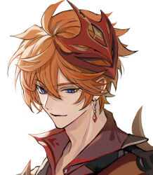 Rule 34 | 1boy, blue eyes, chinese commentary, closed mouth, collared shirt, commentary request, earrings, genshin impact, hair between eyes, highres, jewelry, looking down, male focus, mask, mask on head, orange hair, parted bangs, piercing, portrait, red mask, red shirt, shirt, simple background, single earring, smile, solo, tartaglia (genshin impact), udgg093577, white background