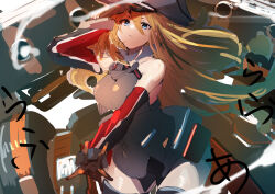 Rule 34 | 1girl, anchor choker, armor, bismarck (kancolle), blonde hair, blue eyes, breastplate, brown gloves, cannon, detached sleeves, front slit, gloves, hat, highres, kantai collection, long hair, looking at viewer, machinery, military uniform, no pants, peaked cap, solo, sunday aki