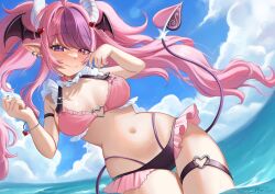 Rule 34 | 1girl, artist name, bikini, black bikini, breasts, closed mouth, cloud, demon girl, demon horns, demon tail, demon wings, earrings, fang, hair ornament, head wings, heart, heart hair ornament, heart o-ring, heterochromia, highres, horns, indie virtual youtuber, ironmouse, jewelry, long hair, mismatched bikini, navel, o-ring, o-ring bikini, o-ring thigh strap, ocean, pink bikini, pink eyes, pink hair, purple eyes, purple hair, red nails, skin fang, sky, smile, solo, stomach, swimsuit, tail, thigh strap, twintails, velvet noir, virtual youtuber, wet, white horns, wings