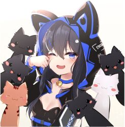 1girl animal_hood bell black_cat black_hair black_hoodie black_leotard blue_collar blue_eyes blue_hoodie brown_cat cat cat_girl cat_hair_ornament cat_hood collar commentary_request crying hair_between_eyes hair_ornament hairclip happy highres hood hoodie indie_virtual_youtuber jingle_bell kana616 leotard light_blush long_hair looking_at_viewer multicolored_hoodie neck_bell nott_(vtuber) one_eye_closed open_mouth rubbing_eyes second-party_source sketch smile spanish_commentary tears too_many too_many_cats virtual_youtuber white_background white_cat