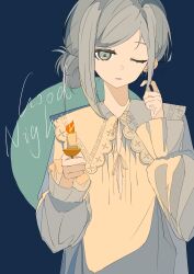 Rule 34 | 1girl, ;o, absurdres, blue background, candle, candlestand, english text, fire, grey hair, hair bun, hands up, highres, holding candlestand, nightgown, one eye closed, reverse:1999, short hair, single side bun, solo, upper body, vertin (reverse:1999), white nightgown, xiao jin caoooooooi