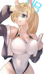 1girl absurdres animal_ear_fluff animal_ears black_jacket blonde_hair blue_archive blue_eyes blue_halo breasts clipboard competition_swimsuit covered_navel dog_ears dog_girl extra_ears hair_over_one_eye halo highleg highleg_one-piece_swimsuit highres jacket kanna_(blue_archive) kanna_(swimsuit)_(blue_archive) large_breasts long_hair looking_afar looking_at_viewer notched_ear nuup_pasta official_alternate_costume one-piece_swimsuit ponytail simple_background solo swimsuit white_background white_one-piece_swimsuit