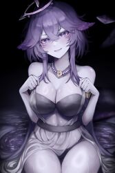1girl bikini black_bikini breasts cleavage closed_mouth colored_skin dress facial_mark grey_skin hair_between_eyes halo highres indie_virtual_youtuber jewelry linea_alba megalodon_(vtuber) narunin necklace pearl_necklace purple_eyes purple_hair sitting solo swimsuit virtual_youtuber wet whisker_markings white_dress