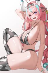 Rule 34 | 1girl, absurdres, ahoge, animal ears, animal print, aqua hairband, areola slip, arm up, bandaid, bandaid on cheek, bandaid on face, bare shoulders, bell, bell earrings, bikini, black bikini, black hairband, black thighhighs, blush, braid, breasts, commentary, cow ears, cow girl, cow horns, cow print, cow print bikini, cow print thighhighs, cow tail, cowbell, earrings, english commentary, genshin impact, hair intakes, hairband, highres, horns, huge breasts, jewelry, knee up, large breasts, long hair, looking at viewer, moryana, multicolored hair, multicolored hairband, navel, open mouth, pink hair, pink hairband, print bikini, print thighhighs, purple eyes, simple background, single earring, solo, stomach, streaked hair, sweat, swimsuit, tail, thighhighs, thighs, twin braids, twintails, two-tone hair, varesa (genshin impact), white background, white horns