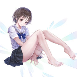 1girl absurdres barefoot between_legs black_skirt blue_bow blue_reflection_(series) blue_reflection_ray blue_reflection_tie blush bob_cut bow braid brown_eyes brown_hair hand_between_legs highres kishida_mel looking_down pleated_skirt sailor_collar school_uniform serafuku shirt sitting skirt solo thighs white_background white_sailor_collar white_shirt
