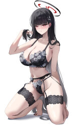 1girl absurdres barefoot black_bra black_garter_belt black_hair black_halo black_nails black_panties blue_archive blunt_bangs blush bra breasts collarbone commentary_request full_body garter_belt halo hand_up highres kneeling lancheu large_breasts long_hair looking_at_viewer nail_polish navel panties parted_lips red_eyes rio_(blue_archive) simple_background solo stomach toenail_polish toenails underwear very_long_hair white_background