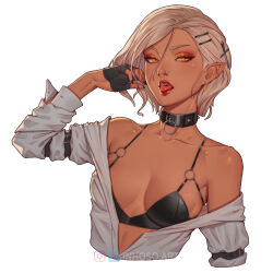 1girl absurdres bare_shoulders black_bra black_collar black_gloves black_nails blonde_hair blonde_hair_girl_(inhoso) bra breasts collar collarbone cross cross_earrings cross_hair_ornament dark-skinned_female dark_skin ear_piercing earrings eyeshadow fingerless_gloves gloves gold_earrings hair_ornament hairclip hand_up highres inhoso jewelry makeup multicolored_eyeshadow nose_piercing nose_ring open_clothes open_mouth open_shirt orange_eyeshadow original partially_unbuttoned piercing red_eyeshadow red_lips shirt short_hair simple_background small_breasts solo tongue tongue_out underwear upper_body white_background white_shirt winged_eyeliner