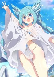 1girl :d absurdres ahoge aqua_hair barefoot blue_eyes blue_sky braid collarbone commentary_request commission convenient_censoring dress hair_between_eyes highres multicolored_hair no_bra no_panties open_mouth original outdoors shiro9jira sidelocks skeb_commission sky smile standing thighs twin_braids two-tone_hair waving white_dress white_hair wide_hips