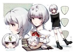 Rule 34 | 1girl, :3, bang dream!, bang dream! it&#039;s mygo!!!!!, bangjinjin82, bench, black choker, black shirt, black socks, blue eyes, blush, bow, bowtie, brown shirt, brown shoes, cat, choker, closed mouth, commentary request, drooling, falling petals, food, food on face, grey skirt, hanasakigawa school uniform, heterochromia, kaname raana, korean commentary, layered sleeves, long sleeves, multiple views, open mouth, park bench, petals, pleated skirt, plectrum, raana the cat, red bow, red bowtie, sailor collar, school uniform, serafuku, shirt, shoes, short hair, short over long sleeves, short sleeves, skirt, socks, white hair, white sailor collar, white shirt, yellow eyes