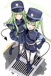 2girls absurdres armband blazer blue_archive boots gabang gloves green_hair hat highres hikari_(blue_archive) jacket long_hair looking_at_viewer multiple_girls nozomi_(blue_archive) pantyhose pleated_skirt shako_cap shorts skirt standing twintails very_long_hair white_gloves white_pantyhose yellow_eyes