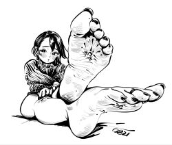 1girl asuka_painting barefoot blush feet highres looking_at_viewer medium_hair monochrome parted_lips soles toes
