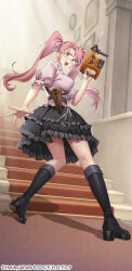 1girl black_skirt boots crossover drill glasses highres highschool_of_the_dead holding holster indoors long_hair looking_at_viewer official_art pink_hair queen&#039;s_blade queen&#039;s_blade_limit_break shirt skirt solo takagi_saya twintails