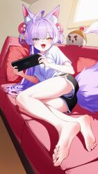 1girl :3 ahoge animal_ear_fluff animal_ears barefoot blue_eyes couch dolphin_shorts fang fox_ears fox_girl fox_tail hair_ornament hair_rings heterochromia highres inari_(tenko_shibuki) indoors krispy_kobold long_hair on_couch panties pom_pom_(clothes) pom_pom_hair_ornament purple_hair purple_tail shirt shorts stellive sweat tail tenko_shibuki underwear virtual_youtuber white_panties white_shirt yellow_eyes