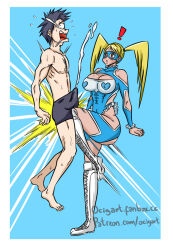 Rule 34 | 1boy, 1girl, ball busting, ejaculation under clothes, highres, kneeing, ocigart, premature ejaculation, rainbow mika