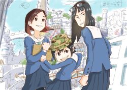 Rule 34 | 3girls, :d, absurdres, aqua necktie, asakusa midori, black hair, blazer, blue jacket, blue skirt, blue sky, blunt ends, bob cut, bridge, brown eyes, brown hair, bucket hat, building, camouflage hat, city, collared shirt, commentary, cowboy shot, day, dress shirt, eizouken ni wa te wo dasu na!, eyewear on head, floating hair, foliage, frown, glasses, green hat, grey eyes, grin, hair between eyes, hashtag-only commentary, hat, height difference, highres, holding, holding sketchbook, inverted bob, jacket, kanamori sayaka, lingmu, long hair, long sleeves, mizusaki tsubame, multiple girls, narrowed eyes, necktie, open mouth, outdoors, parted lips, pleated skirt, procreate (medium), rectangular eyewear, sailor collar, school uniform, shibahama high school uniform, shirt, short hair, sketchbook, skirt, sky, smile, standing, swept bangs, teeth, thick eyebrows, tower, translated, upper teeth only, v-shaped eyebrows, white sailor collar, white shirt, wind
