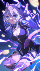 1girl animal_ear_fluff animal_ears black_leotard blue_eyes breasts cat_ears cat_tail chromatic_aberration cipher_(honkai:_star_rail) cleavage coin commentary_request cowboy_shot ears_through_hood electricity grey_hair grin highres holding holding_coin honkai:_star_rail honkai_(series) large_breasts leotard looking_at_viewer medium_hair mole mole_on_chest shorts smile so_zei_tama_tama solo tail thighs white_shorts