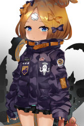 1girl abigail_williams_(fate) abigail_williams_(traveling_outfit)_(fate) absurdres bandaid bandaid_on_face bandaid_on_forehead belt black_bow black_jacket blonde_hair blue_eyes bow breasts crossed_bandaids fate/grand_order fate_(series) forehead fuuro hair_bow hair_bun heroic_spirit_traveling_outfit high_collar highres huge_filesize jacket long_hair long_sleeves multiple_bows official_alternate_costume orange_belt orange_bow parted_bangs polka_dot polka_dot_bow single_hair_bun sleeves_past_fingers sleeves_past_wrists small_breasts stuffed_animal stuffed_toy teddy_bear tentacles