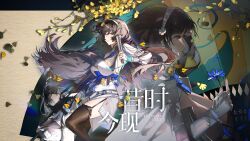 3girls absurdres assault_rifle black_thighhighs blueblossom breasts brown_hair bullpup chinese_clothes chinese_text closed_mouth commentary copyright_name daiyan_(girls&#039;_frontline_2) dress english_commentary fingerless_gloves flower folding_fan garter_straps girls&#039;_frontline girls&#039;_frontline_2:_exilium gloves gun hairband hand_fan highres holding holding_fan holding_flower holding_gun holding_weapon large_breasts long_hair looking_at_viewer multiple_girls multiple_persona parted_lips qbz-95 rifle smile thighhighs trigger_discipline type_95_(girls&#039;_frontline) weapon white_dress white_gloves white_hairband