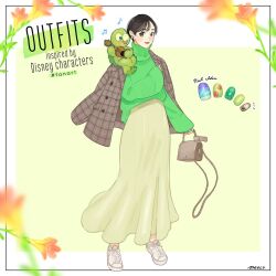 1boy 1girl androgynous animification bag blue_nails brown_bag brown_eyes brown_hair brown_jacket brown_skirt coat duffy_and_friends duplicate earrings full_body genderswap green_sweater humanization instrument jacket jacket_on_shoulders jewelry long_skirt long_sleeves looking_at_viewer meecosme musical_note nail_polish olu_mel shoes short_hair skirt sleeves_past_wrists smile sneakers stuffed_animal stuffed_toy sweater translation_request turtle_boy turtleneck turtleneck_sweater ukulele white_shoes