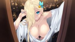 1girl aqua_nails blonde_hair blue_eyes boku_wa_tomodachi_ga_sukunai breasts butterfly_hair_ornament cait_aron cleavage clenched_teeth collarbone commentary_request fingernails ghost_costume hair_ornament hair_over_one_eye halloween highres jack-o&#039;-lantern jack-o&#039;-lantern_hair_ornament kashiwazaki_sena large_breasts long_hair nail_polish smile solo teeth torn_clothes