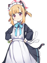 Rule 34 | 1girl, :3, absurdres, animal ear headphones, animal ears, apron, aqua ribbon, back bow, black dress, black tail, blonde hair, blue archive, blush, bow, cat ear headphones, cat ears, cat tail, closed mouth, collared dress, commentary request, contrast collar, dress, fake animal ears, fake tail, frilled apron, frilled dress, frills, hair bow, halo, hands on own hips, headphones, highres, long sleeves, looking at viewer, maid, maid apron, maid headdress, momoi (blue archive), momoi (maid) (blue archive), neck ribbon, nishuukan, official alternate costume, official alternate hairstyle, pink eyes, pink halo, puffy long sleeves, puffy sleeves, red bow, ribbon, short hair, short twintails, sidelocks, simple background, smile, solo, split mouth, tail, twintails, virtual pet (toy), white apron, white background, white bow, white headdress