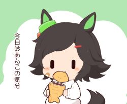 Rule 34 | 1girl, :3, animal ears, bandaid, bandaid on cheek, bandaid on face, black hair, blush stickers, chibi, closed mouth, food, food in mouth, gomashio (goma feet), green background, hair ornament, hairclip, holding, holding food, horse ears, horse girl, horse tail, long sleeves, mouth hold, shirt, solo, swept bangs, tail, taiyaki, translation request, two-tone background, umamusume, upper body, wagashi, white background, white shirt, winning ticket (umamusume)