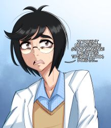 Rule 34 | 1boy, antenna hair, bags under eyes, black hair, blue background, blue shirt, brown eyes, brown sweater, coat, collared shirt, english text, glasses, gradient background, lab coat, looking afar, male focus, nanosheep (character), nervous, open clothes, open coat, open mouth, raised eyebrows, round eyewear, saltyxodium, shirt, short hair, sidelocks, simple background, solo, sweat, sweater, talking, teeth, tongue, upper body, white coat