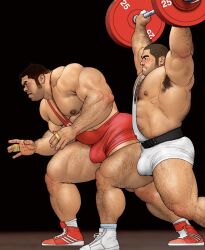 2boys bara barbell bare_pectorals beard_stubble belly bulge covered_penis deadlift exercising facial_hair from_side hairy highres jiraiya_(mangaka) large_pectorals male_focus mature_male multiple_boys muscular muscular_male original pectorals profile sideburns singlet sparse_chest_hair sparse_navel_hair standing strongman_waist stubble tank_top thick_arm_hair thick_leg_hair thick_thighs thighs very_hairy weightlifting white_tank_top