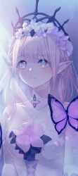 1girl absurdres bare_shoulders blonde_hair blue_eyes breasts bug butterfly butterfly-shaped_pupils castorice_(honkai:_star_rail) collar commentary_request crying crying_with_eyes_open detached_collar dress gradient_eyes harin_05 head_wreath highres honkai:_star_rail honkai_(series) insect medium_breasts multicolored_eyes parted_lips pointy_ears purple_butterfly purple_collar purple_eyes purple_theme sidelocks solo symbol-shaped_pupils tears upper_body white_dress