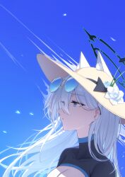 1girl absurdres alternate_costume animal_ear_fluff animal_ears black_halo black_shrug blue-tinted_eyewear blue_archive blue_sky breasts broken_halo cleavage commentary_request covered_collarbone day ears_through_headwear extra_ears eyewear_on_head flower from_side grey_hair halo hat hat_flower highres large_breasts long_hair looking_afar open_mouth pang-yo shiroko_(blue_archive) shiroko_terror_(blue_archive) shrug_(clothing) sky solo sun_hat sunglasses tinted_eyewear turtleneck_shrug upper_body white_flower white_hat wolf_ears wolf_girl