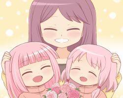 Rule 34 | 3girls, :d, bad id, bad twitter id, blunt bangs, blush, bouquet, closed eyes, flower, hand on another&#039;s head, long hair, magia record: mahou shoujo madoka magica gaiden, mahou shoujo madoka magica, mother and daughter, multiple girls, open mouth, pink flower, pink hair, purple hair, reverse (bluefencer), siblings, sidelocks, sisters, smile, swept bangs, tamaki iroha, tamaki iroha&#039;s mother, tamaki ui, upper body