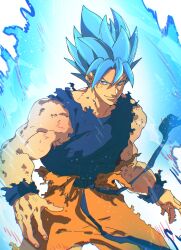Rule 34 | 1boy, absurdres, aura, blue eyes, blue hair, blue sash, blue shirt, cowboy shot, dougi, dragon ball, dragon ball super, hair between eyes, highres, isaacchief300, looking at viewer, muscular, muscular male, orange pants, pants, sash, scratches, shirt, smile, solo, son goku, spiked hair, super saiyan, super saiyan blue, sweat, torn clothes, torn shirt, v-shaped eyebrows, wristband