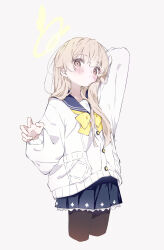1girl absurdres alternate_hairstyle arm_behind_head blue_archive blue_sailor_collar blue_skirt blush bow bowtie brown_hair brown_pantyhose cardigan commentary cram960 cropped_legs english_commentary hair_flaps halo hifumi_(blue_archive) highres long_sleeves looking_at_viewer pantyhose sailor_collar school_uniform serafuku simple_background skirt solo white_background white_cardigan yellow_bow yellow_bowtie