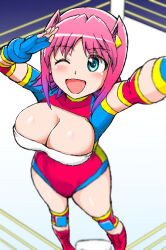 1girl breasts cleavage hibino_aki leotard one_eye_closed original pink_hair tagme wink wrestling wrestling_ring yonecchi