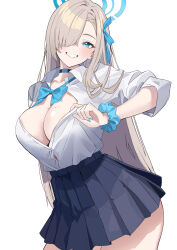 1girl absurdres asuna_(blue_archive) asuna_(school_uniform)_(blue_archive) black_choker black_skirt blue_archive blue_bow blue_bowtie blue_eyes blue_halo blue_ribbon blush bow bowtie breasts choker cleavage hair_intakes hair_over_one_eye hair_ribbon halo highres large_breasts long_hair looking_at_viewer miniskirt nakano_kura pleated_skirt ribbon school_uniform scrunchie shirt simple_background skirt sleeves_rolled_up smile solo thighs very_long_hair white_background white_shirt wrist_scrunchie