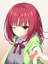 Rule 34 | 1girl, ;d, asagi nanami, blunt bangs, blush, bow, bowtie, collared shirt, commentary request, futamihara ririko, green jacket, grin, hair ornament, hairclip, happy, highres, jacket, limelight lemonade jam, long sleeves, looking at viewer, medium hair, one eye closed, open clothes, open jacket, open mouth, outline, outstretched arm, pink background, polka dot, polka dot background, red bow, red bowtie, red hair, school uniform, shirt, simple background, smile, solo, straight hair, track jacket, upper body, v, white outline, white shirt, yellow eyes