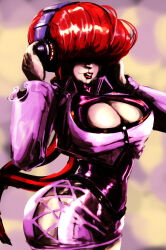 1girl arms_up ass breasts cleavage_cutout clothing_cutout curvy dress female_focus fishnets headphones huge_ass huge_breasts ibdinosaur jacket large_breasts long_hair long_sleeves pale_skin ponytail red_hair shermie_(kof) skirt standing the_king_of_fighters thick_thighs thighs twintails wide_hips
